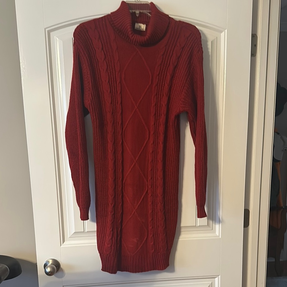 Red Cable Knit Turtleneck Sweater Dress